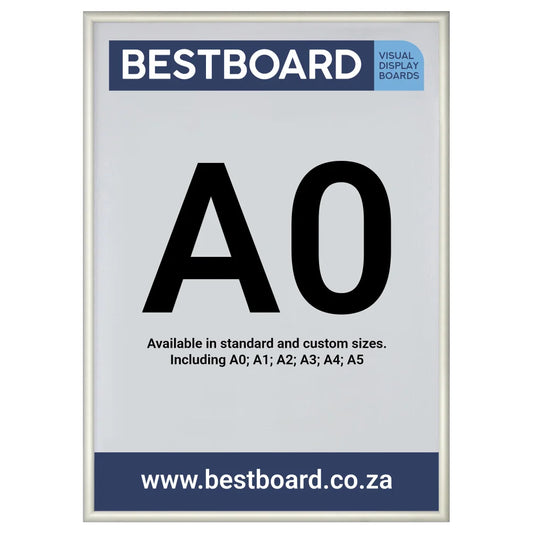 A Bestboard A0 snap frame visual display board with a light gray frame, featuring a white insert with black 'A0' text and blue branding banners.
