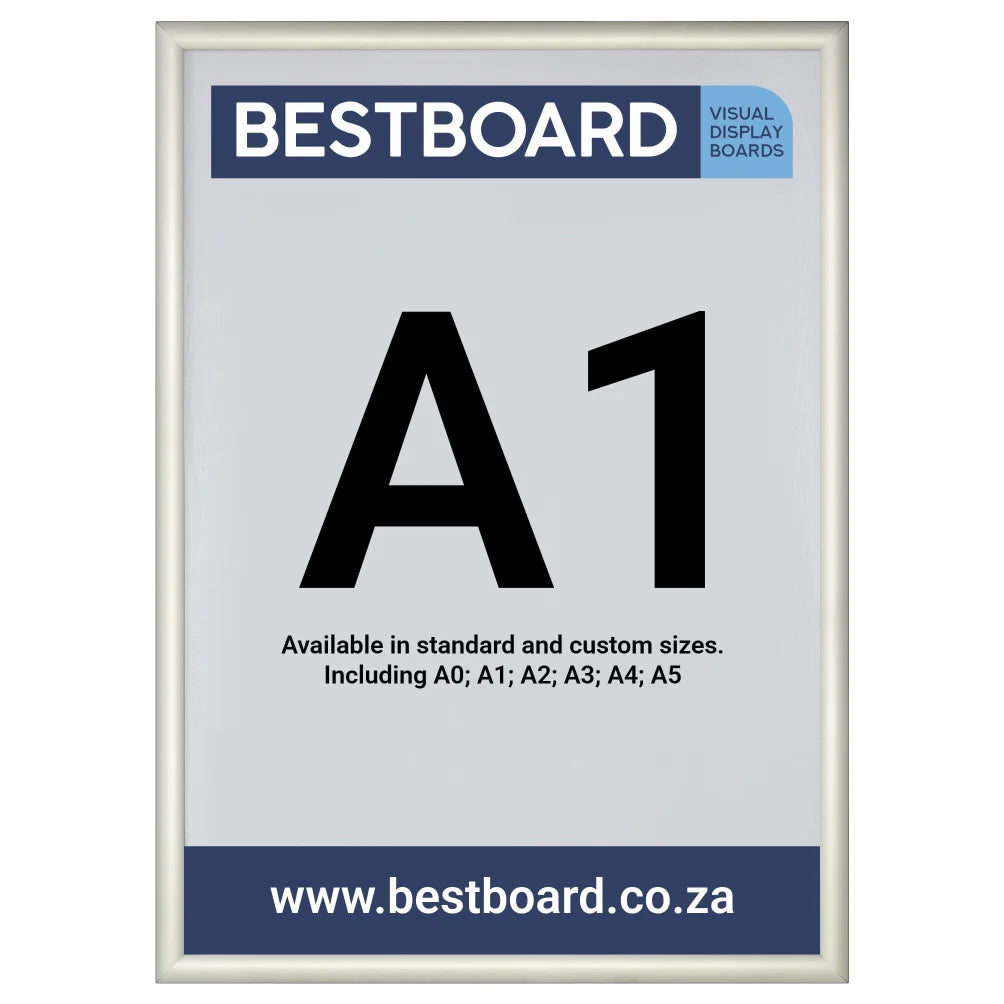 A Bestboard A1 snap frame visual display board with a light gray frame, featuring a white insert with black 'A1' text and blue branding banners.