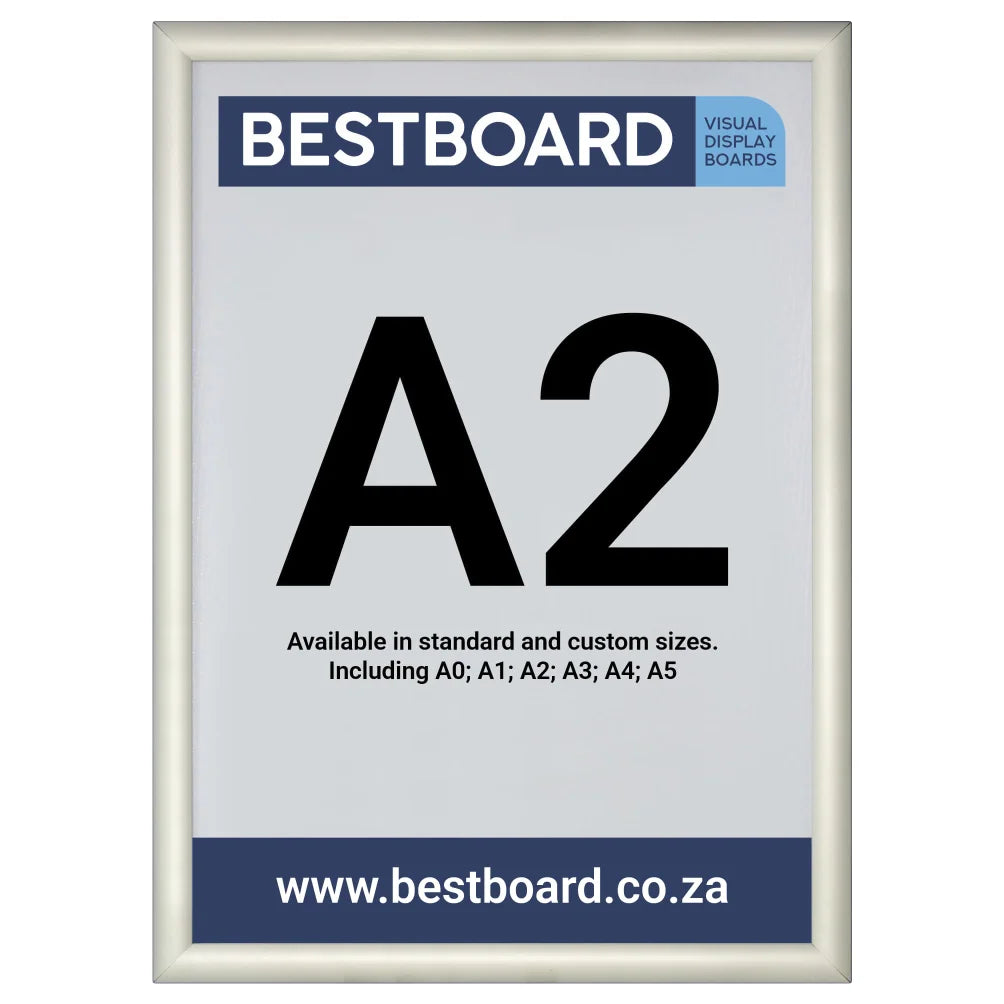 A Bestboard A2 snap frame visual display board with a light gray frame, featuring a white insert with black 'A2' text and blue branding banners.