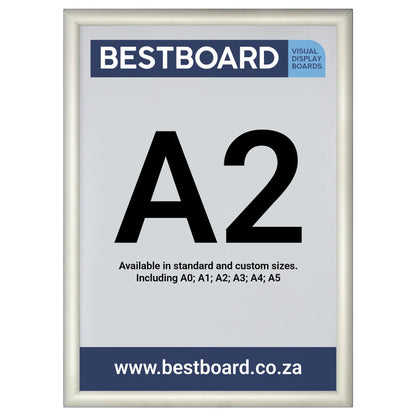 A Bestboard A2 snap frame visual display board with a light gray frame, featuring a white insert with black 'A2' text and blue branding banners.