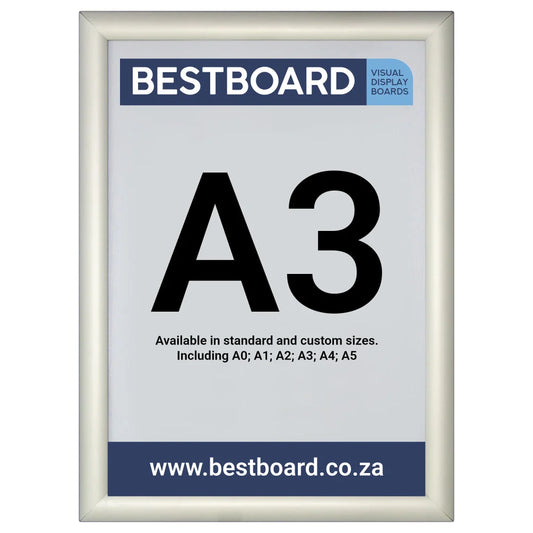 A Bestboard A3 snap frame visual display board with a light gray frame, featuring a white insert with black 'A3' text and blue branding banners.