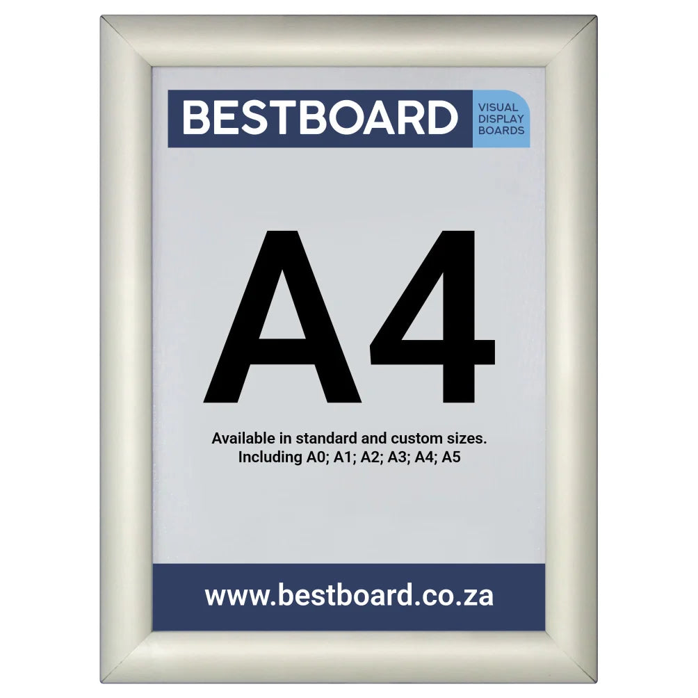 A Bestboard A4 snap frame visual display board with a light gray frame, featuring a white insert with black 'A4' text and blue branding banners.