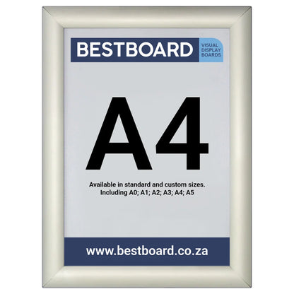 A Bestboard A4 snap frame visual display board with a light gray frame, featuring a white insert with black 'A4' text and blue branding banners.