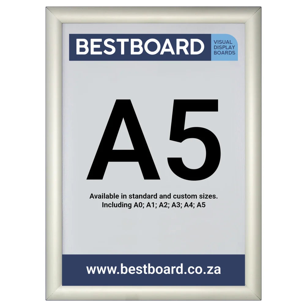 A Bestboard A5 snap frame visual display board with a light gray frame, featuring a white insert with black 'A5' text and blue branding banners.