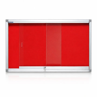 Red lockable sliding glass display notice board with aluminium frame and red felt pinboard backing.