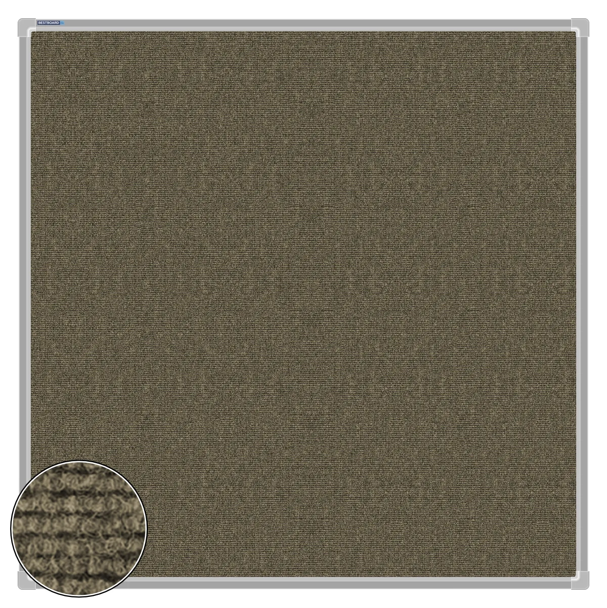 Beige carpet pin board, 1000mm x 1000mm, square with a silver aluminium frame and a close-up inset of the woven texture