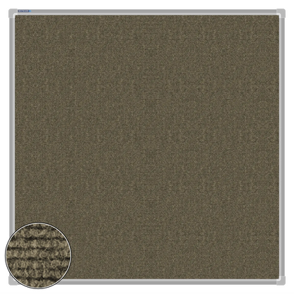 Beige carpet pin board, 1000mm x 1000mm, square with a silver aluminium frame and a close-up inset of the woven texture