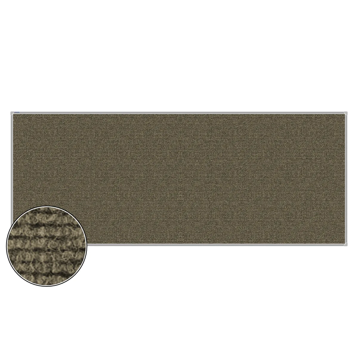 Beige carpet pin board, 1200mm x 3000mm, rectangular with a silver aluminium frame and a close-up inset of the woven texture