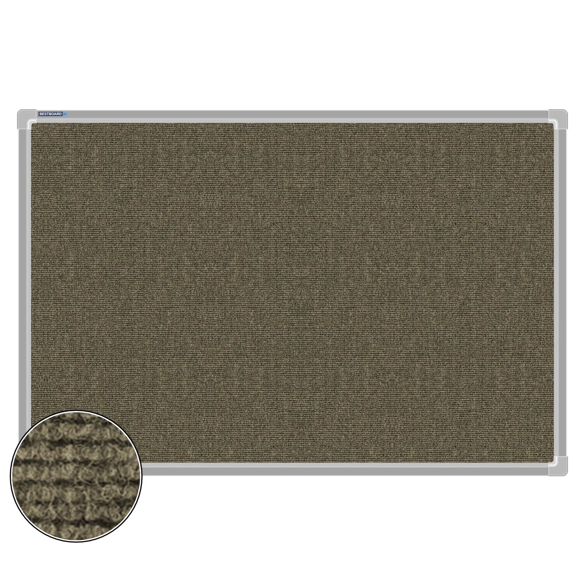 Beige carpet pin board, 600mm x 900mm, rectangular with a silver aluminium frame and a close-up inset of the woven texture
