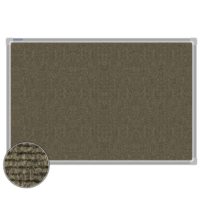 Beige carpet pin board, 600mm x 900mm, rectangular with a silver aluminium frame and a close-up inset of the woven texture