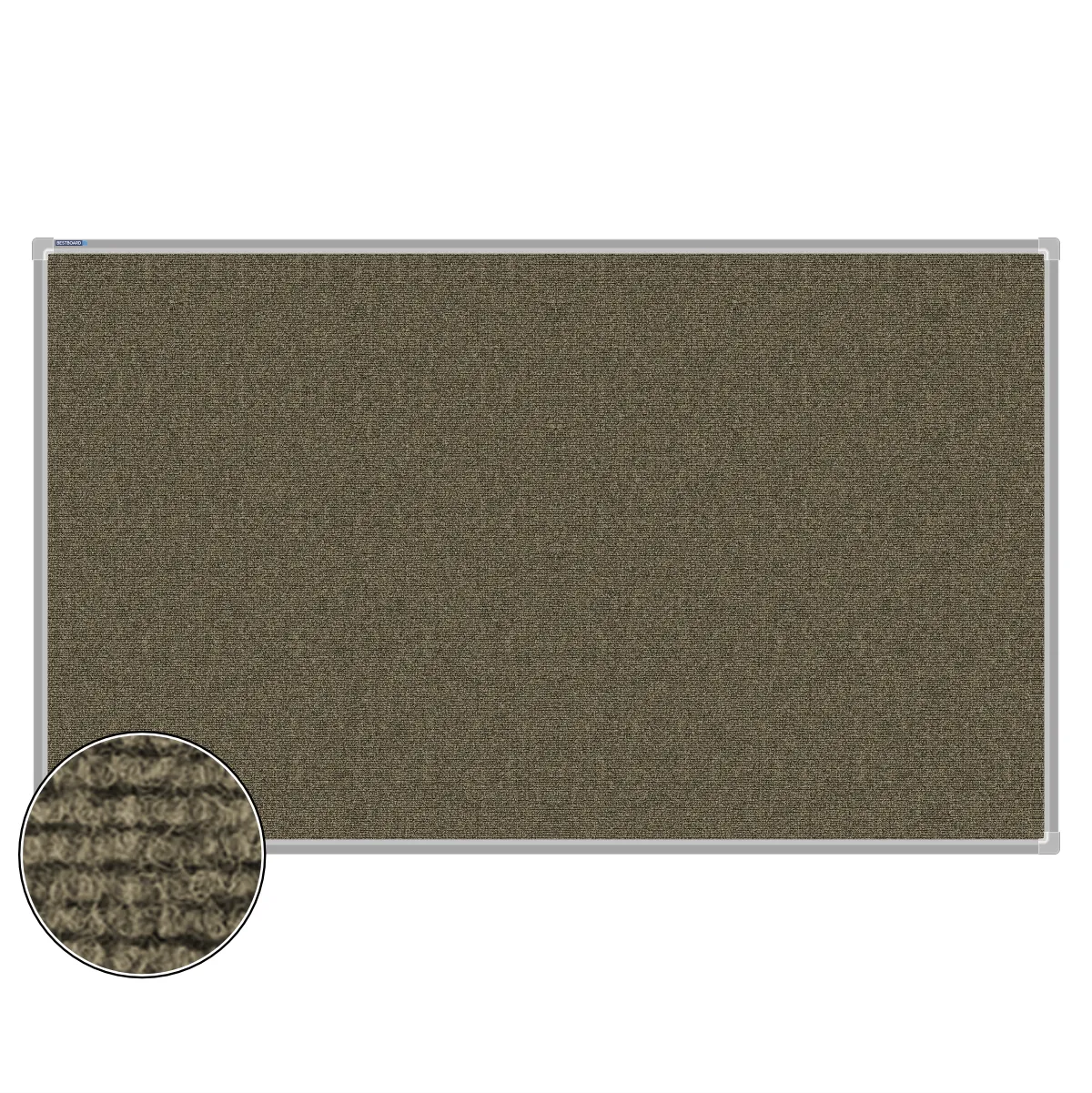 Beige carpet pin board, 900mm x 1500mm, rectangular with a silver aluminium frame and a close-up inset of the woven texture