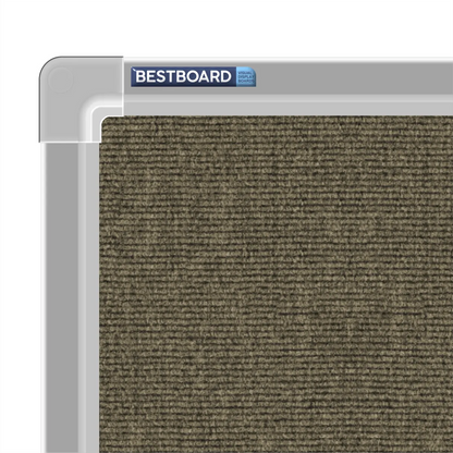 Close-up of a beige carpet pin board corner showing the Bestboard logo and the moulded silver aluminium frame