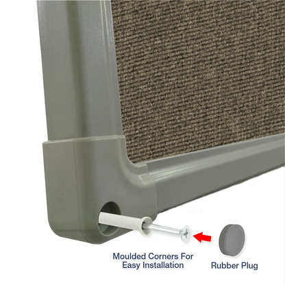 Exploded view of a beige carpet pin board corner showing the moulded corner piece and rubber plug for easy installation