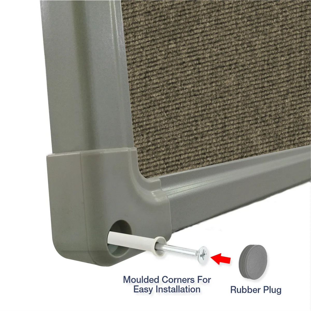 Exploded view of a beige carpet pin board corner showing the moulded corner piece and rubber plug for easy installation
