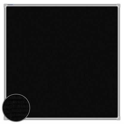 Black carpet pin board, 1000mm x 1000mm, square with a silver aluminium frame and a close-up inset of the woven texture