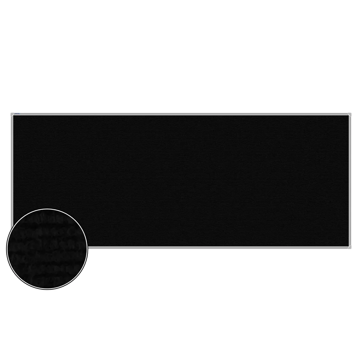 Black carpet pin board, 1200mm x 3000mm, rectangular with a silver aluminium frame and a close-up inset of the woven texture
