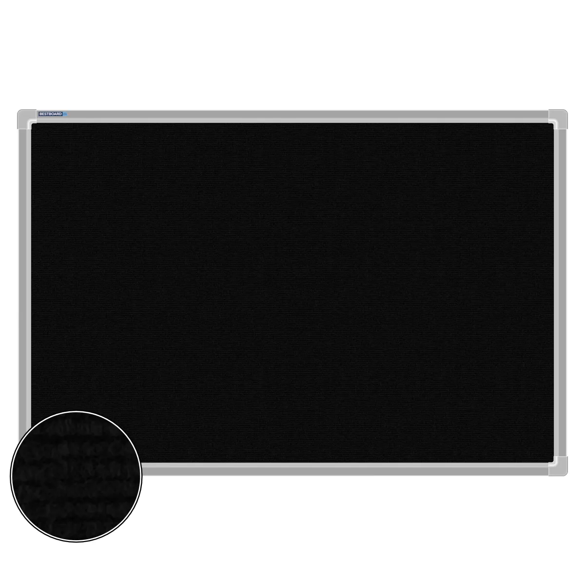 Black carpet pin board, 600mm x 900mm, rectangular with a silver aluminium frame and a close-up inset of the woven texture