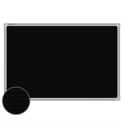 Black carpet pin board, 600mm x 900mm, rectangular with a silver aluminium frame and a close-up inset of the woven texture