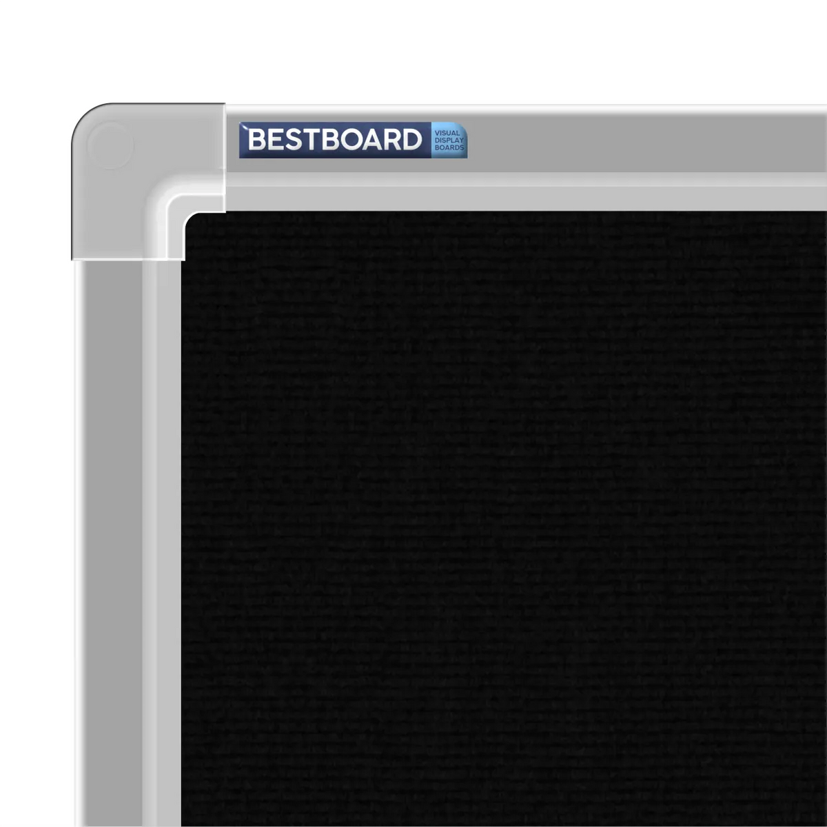 Close-up of a black carpet pin board corner showing the Bestboard logo and the moulded silver aluminium frame