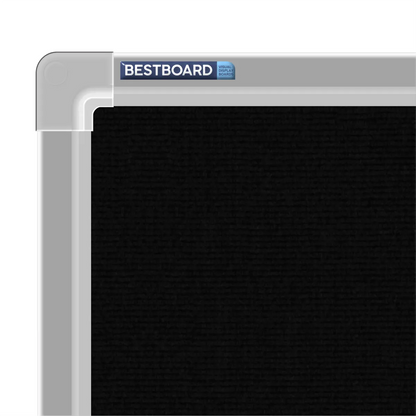 Close-up of a black carpet pin board corner showing the Bestboard logo and the moulded silver aluminium frame