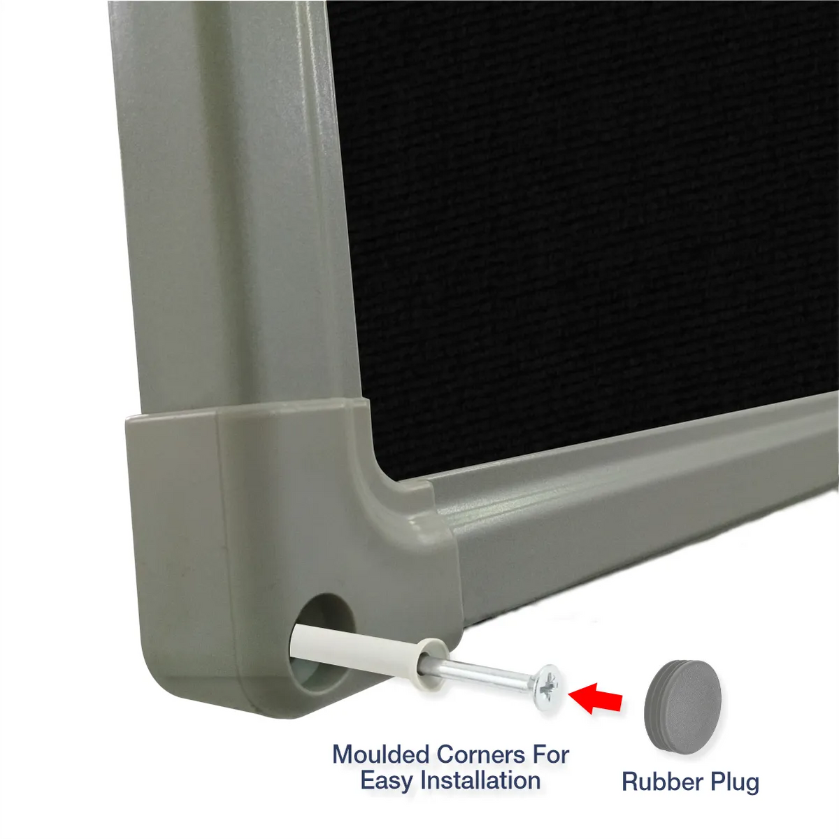 Exploded view of a black carpet pin board corner showing the moulded corner piece and rubber plug for easy installation