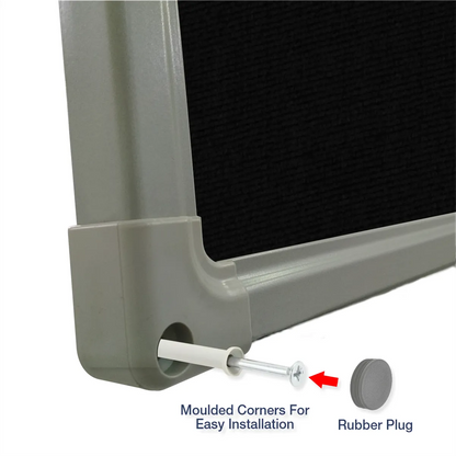 Exploded view of a black carpet pin board corner showing the moulded corner piece and rubber plug for easy installation