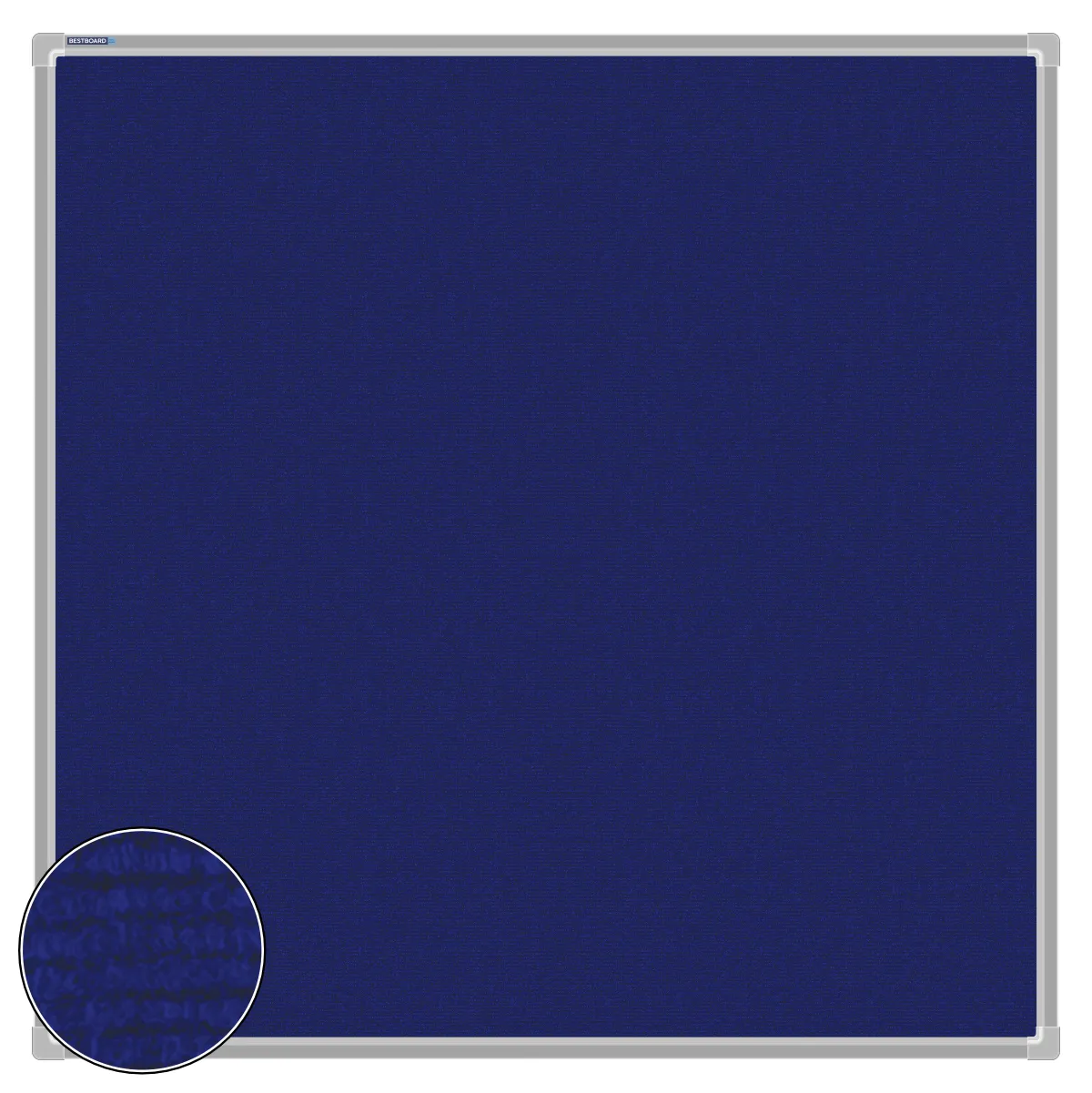 Blue carpet pin board, 1000mm x 1000mm, square with a silver aluminium frame and a close-up inset of the woven texture