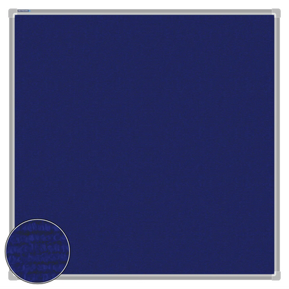 Blue carpet pin board, 1000mm x 1000mm, square with a silver aluminium frame and a close-up inset of the woven texture