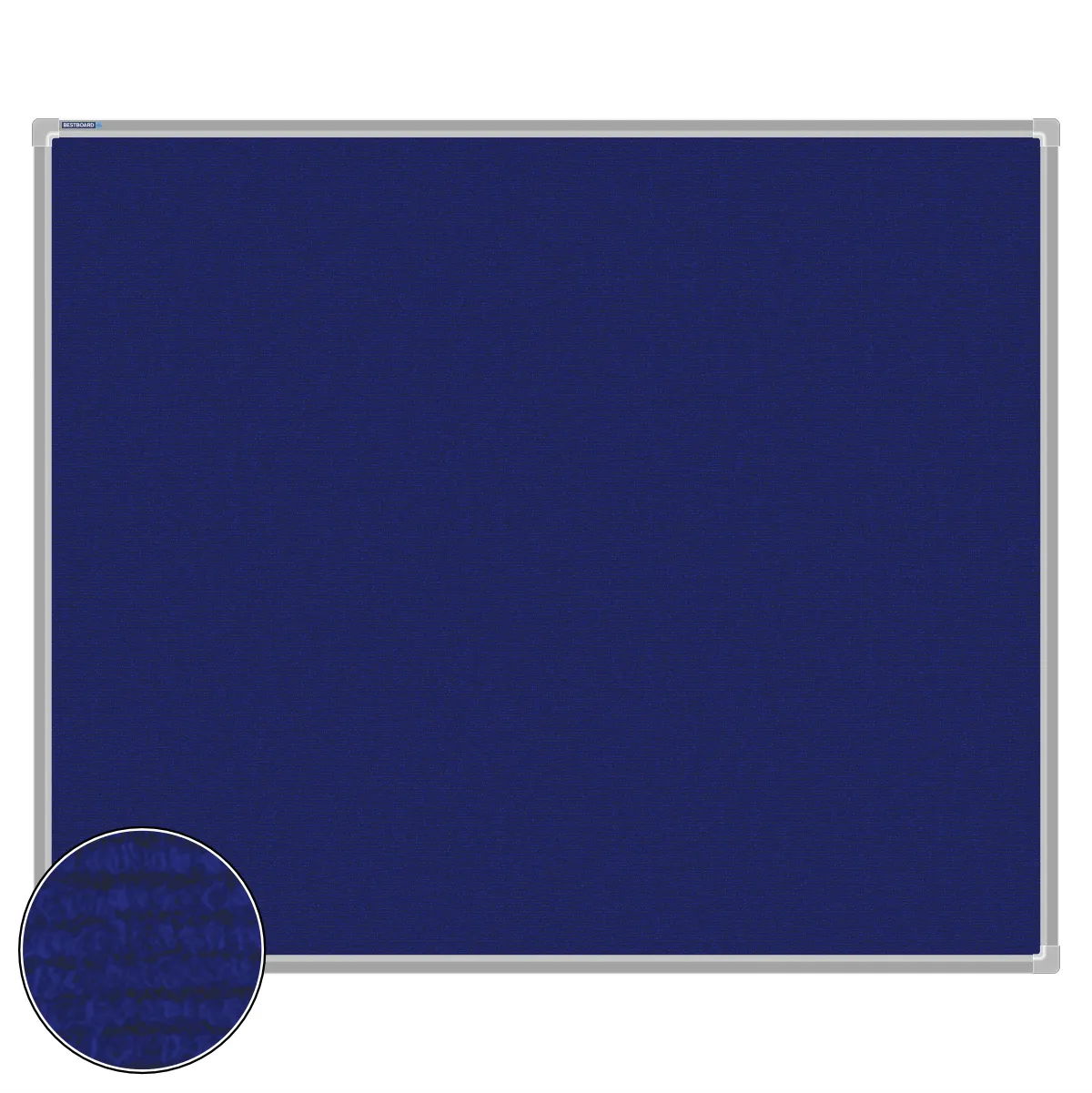 Blue carpet pin board, 1000mm x 1200mm, rectangular with a silver aluminium frame and a close-up inset of the woven texture