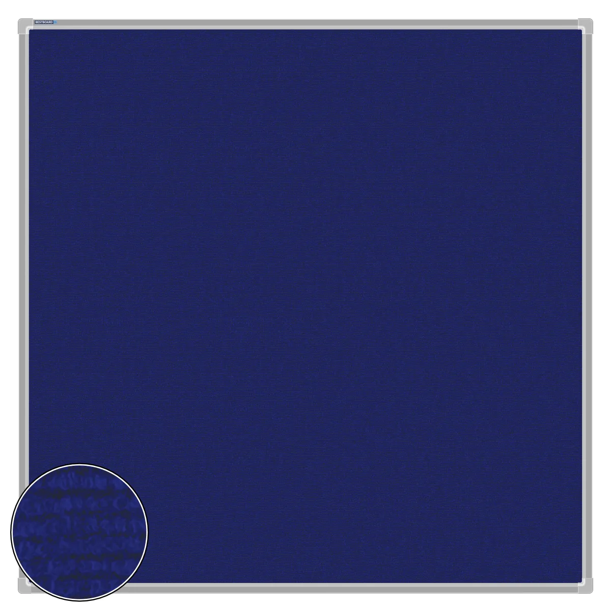 Blue carpet pin board, 1200mm x 1200mm, square with a silver aluminium frame and a close-up inset of the woven texture