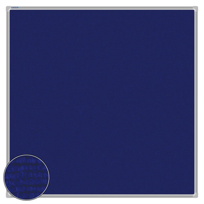 Blue carpet pin board, 1200mm x 1200mm, square with a silver aluminium frame and a close-up inset of the woven texture