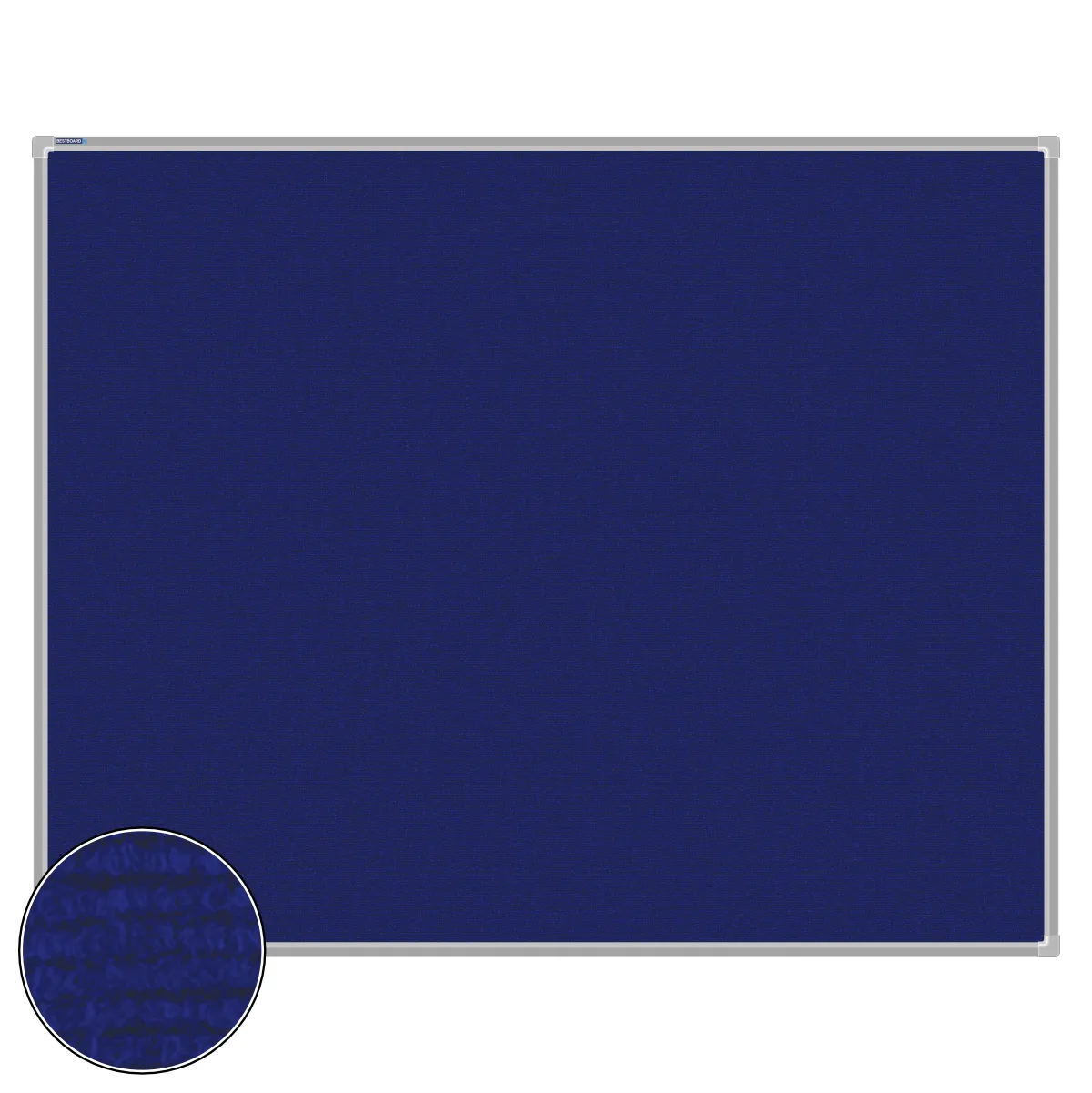 Blue carpet pin board, 1200mm x 1500mm, rectangular with a silver aluminium frame and a close-up inset of the woven texture