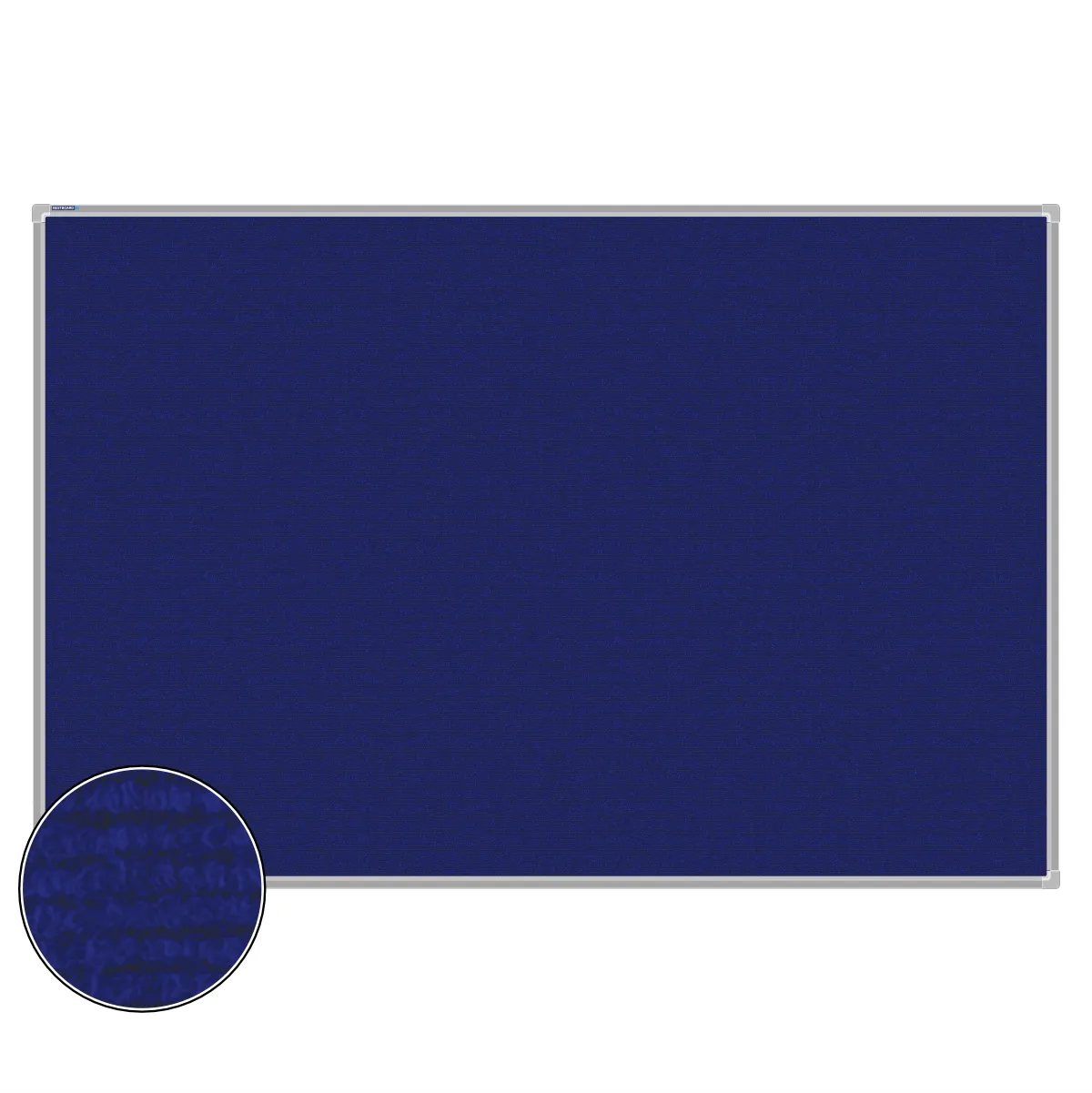 Blue carpet pin board, 1200mm x 1800mm, rectangular with a silver aluminium frame and a close-up inset of the woven texture
