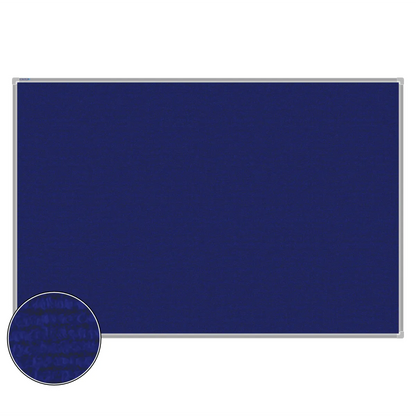 Blue carpet pin board, 1200mm x 1800mm, rectangular with a silver aluminium frame and a close-up inset of the woven texture