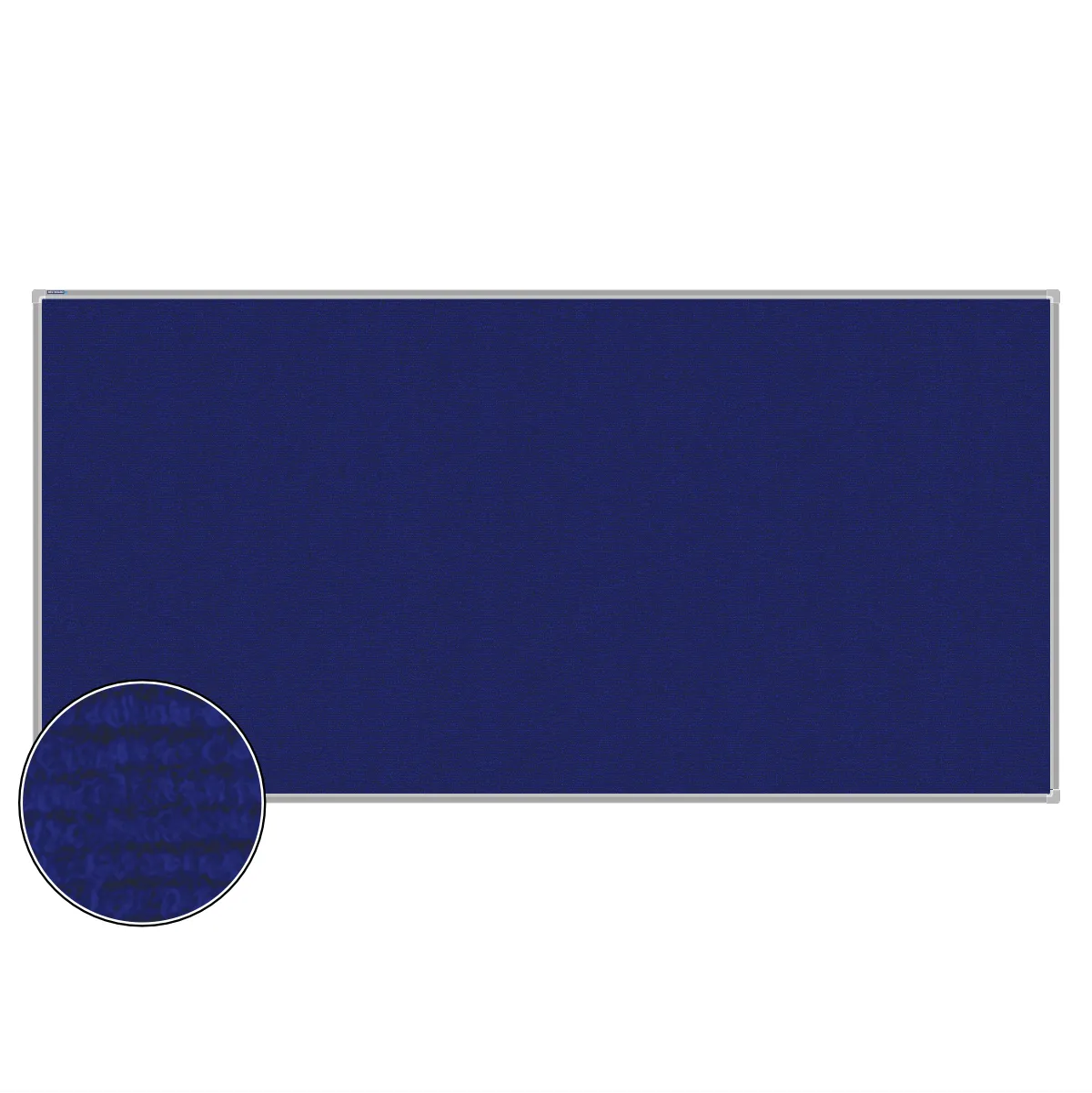 Blue carpet pin board, 1200mm x 2400mm, rectangular with a silver aluminium frame and a close-up inset of the woven texture