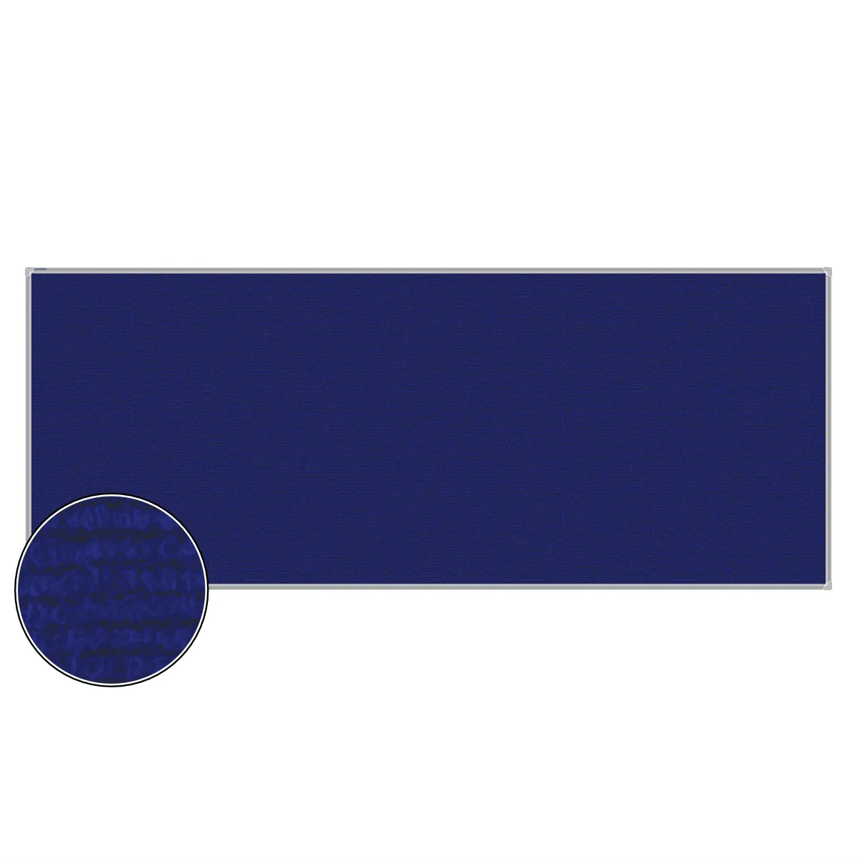 Blue carpet pin board, 1200mm x 3000mm, rectangular with a silver aluminium frame and a close-up inset of the woven texture