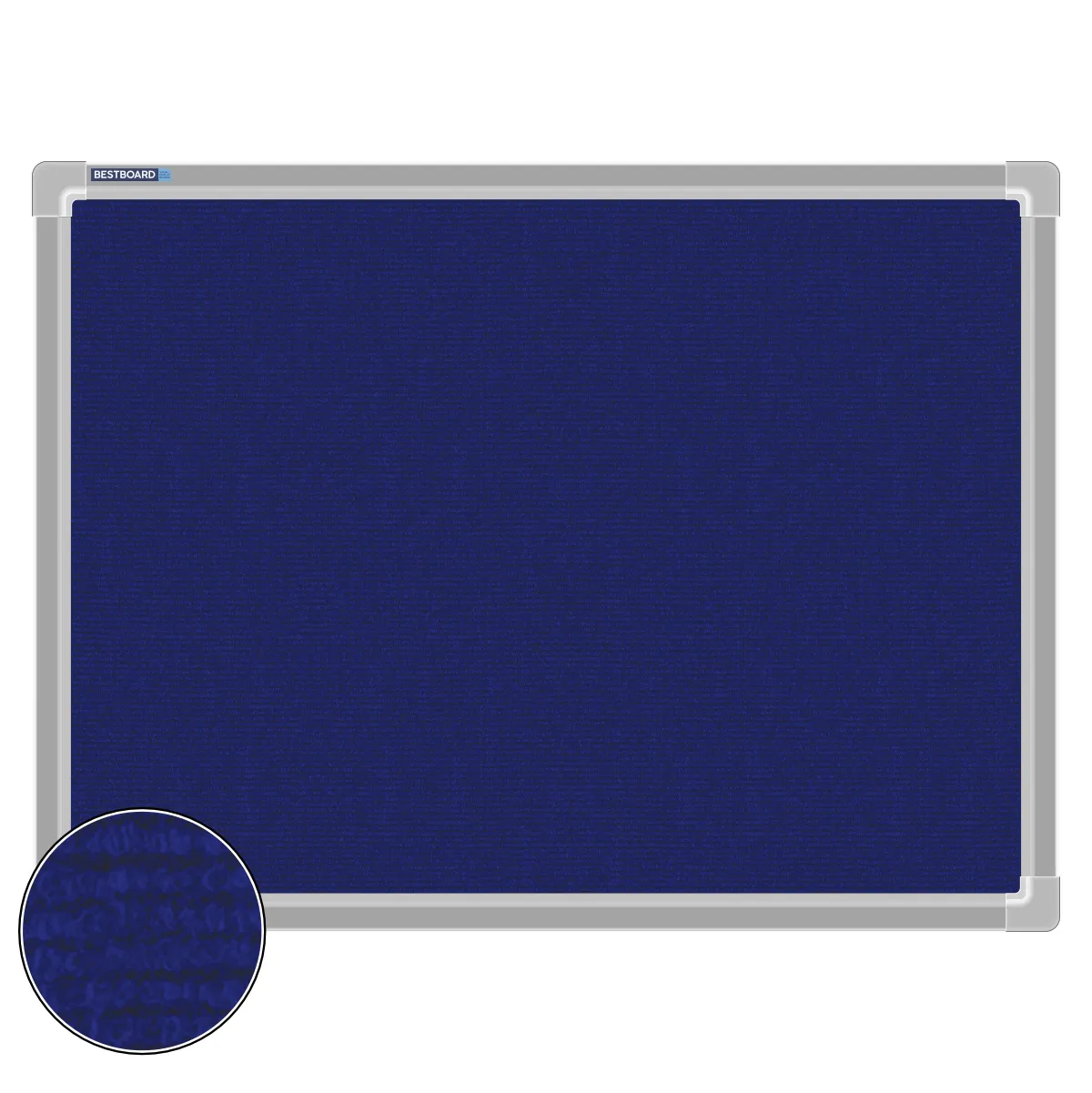 Blue carpet pin board, 450mm x 600mm, rectangular with a silver aluminium frame and a close-up inset of the woven texture