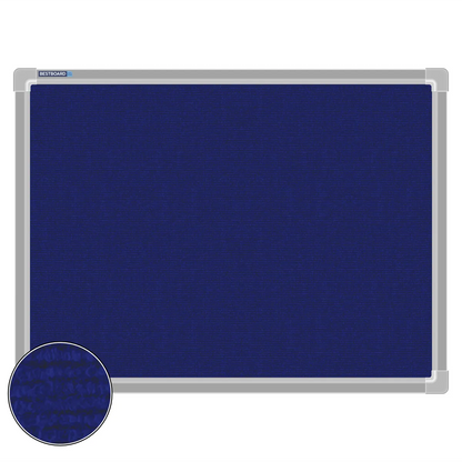 Blue carpet pin board, 450mm x 600mm, rectangular with a silver aluminium frame and a close-up inset of the woven texture