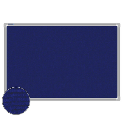 Blue carpet pin board, 600mm x 900mm, rectangular with a silver aluminium frame and a close-up inset of the woven texture