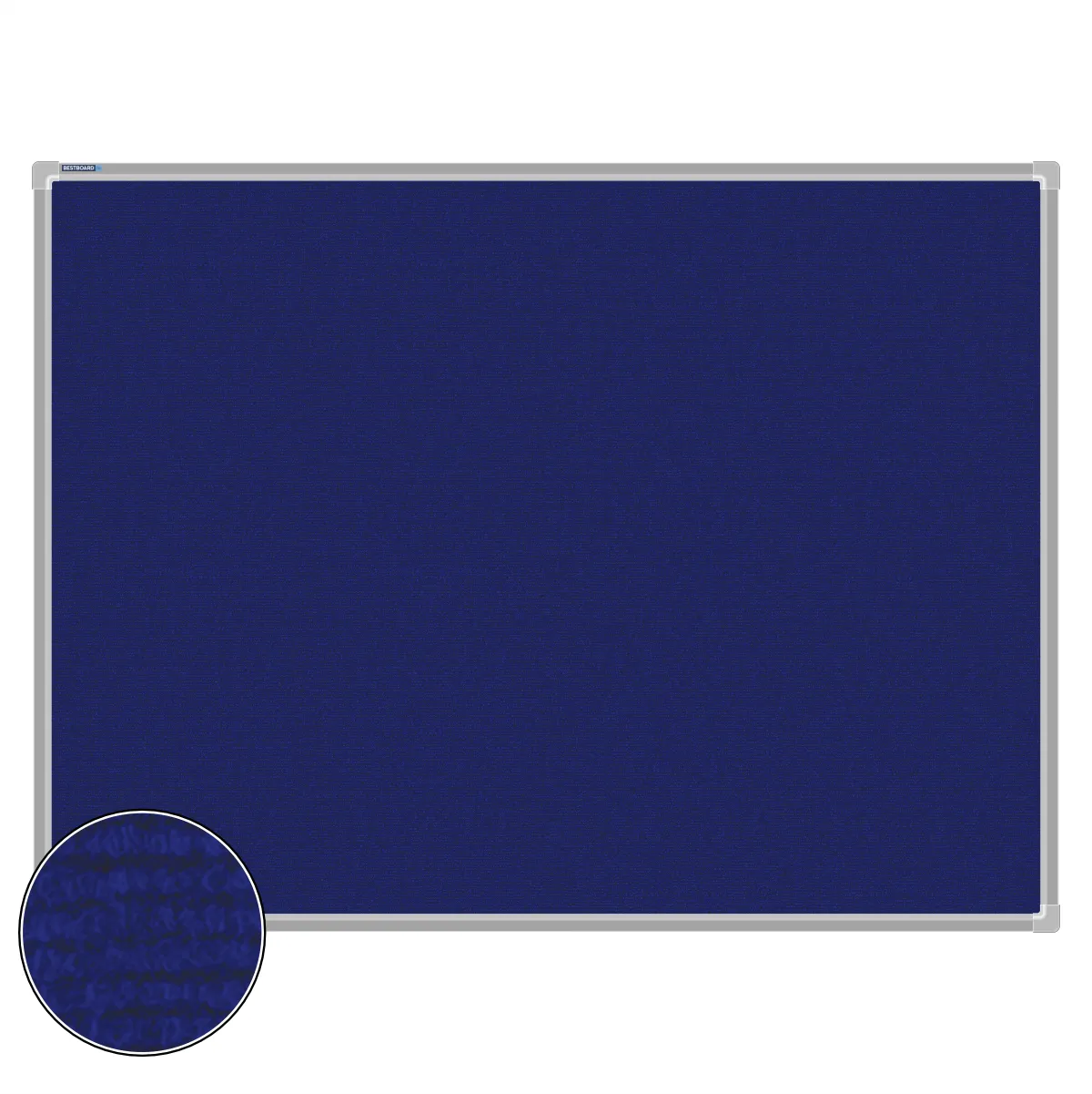 Blue carpet pin board, 900mm x 1200mm, rectangular with a silver aluminium frame and a close-up inset of the woven texture