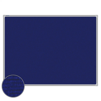 Blue carpet pin board, 900mm x 1200mm, rectangular with a silver aluminium frame and a close-up inset of the woven texture