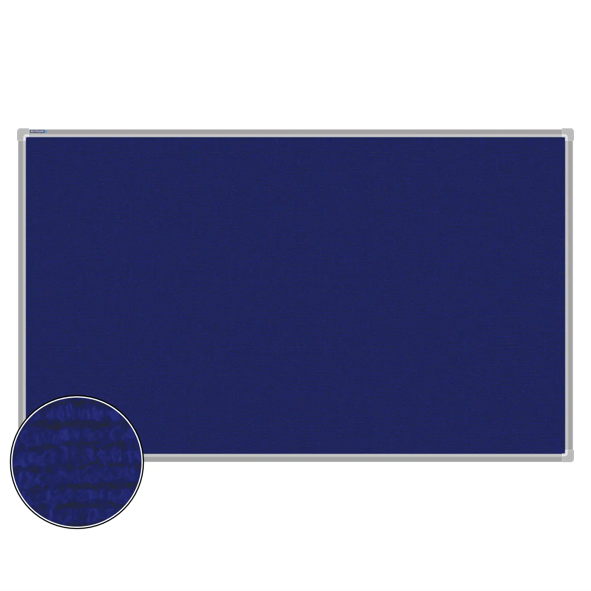 Blue carpet pin board, 900mm x 1500mm, rectangular with a silver aluminium frame and a close-up inset of the woven texture