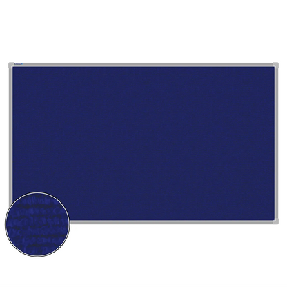 Blue carpet pin board, 900mm x 1500mm, rectangular with a silver aluminium frame and a close-up inset of the woven texture