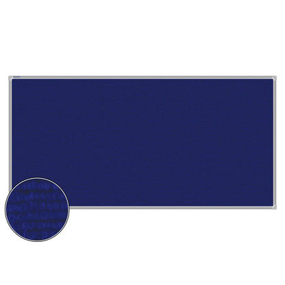Blue carpet pin board, 900mm x 1800mm, rectangular with a silver aluminium frame and a close-up inset of the woven texture