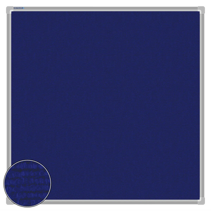 Blue carpet pin board, 900mm x 900mm, square with a silver aluminium frame and a close-up inset of the woven texture