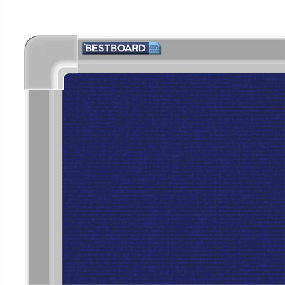Close-up of a blue carpet pin board corner showing the Bestboard logo and the moulded silver aluminium frame