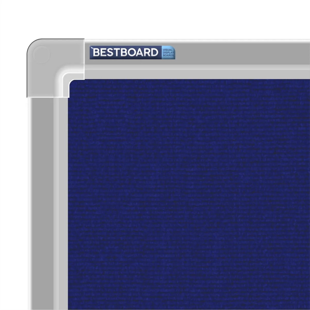 Close-up of a blue carpet pin board corner showing the Bestboard logo and the moulded silver aluminium frame