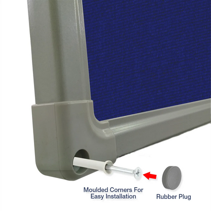 Exploded view of a blue carpet pin board corner showing the moulded corner piece and rubber plug for easy installation