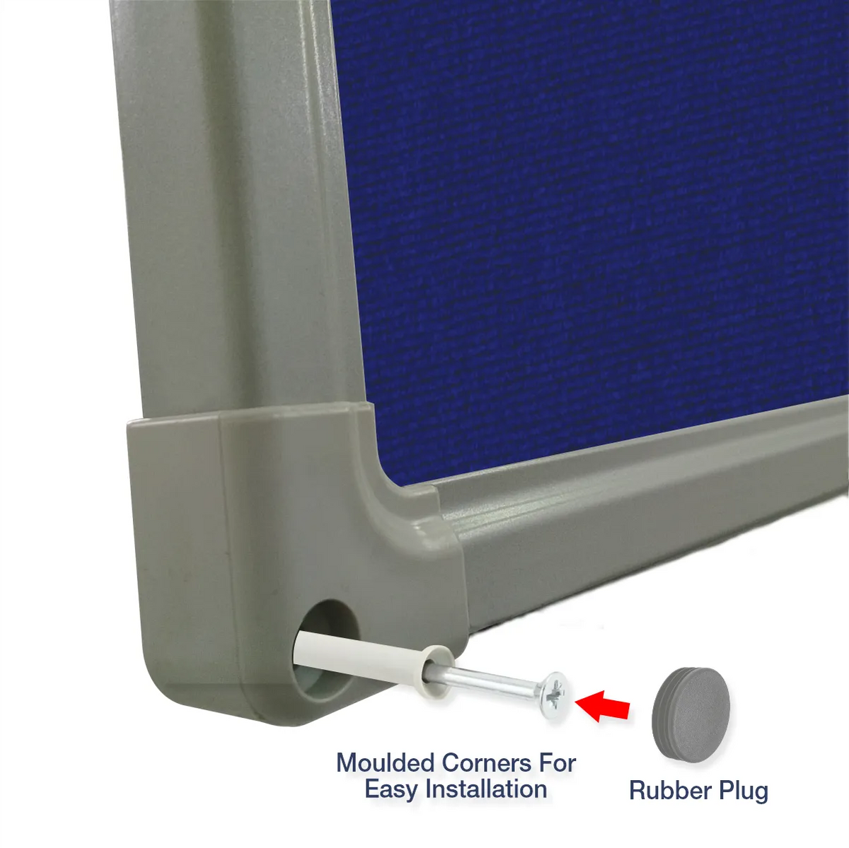 Exploded view of a blue carpet pin board corner showing the moulded corner piece and rubber plug for easy installation