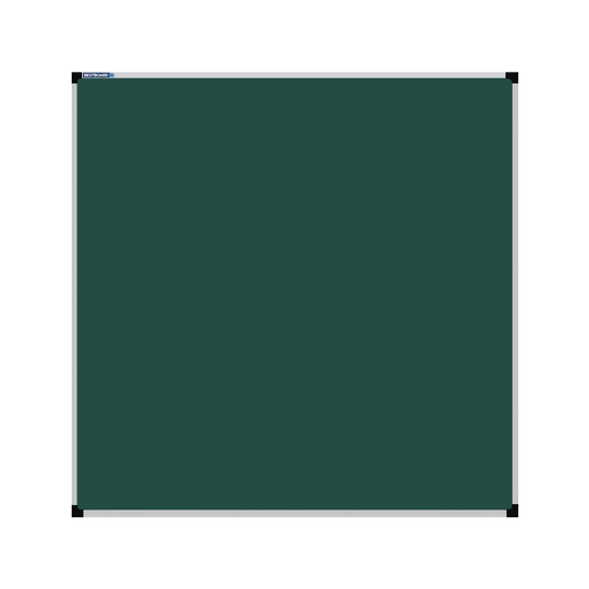 A square green chalkboard with a silver frame. The corners of the frame are reinforced with black plastic. The chalkboard has a tray at the bottom for holding chalk and erasers.